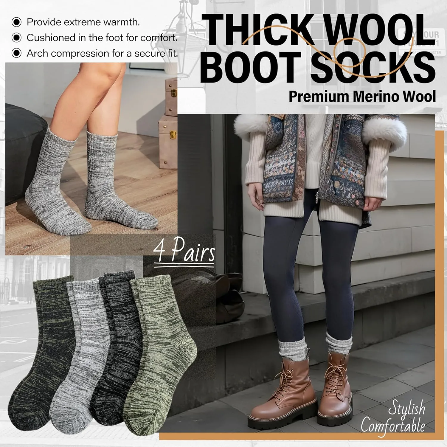 Anlisim Merino Wool Warm Boot Hiking Socks Thermal Extra Thick Winter Cozy Crew Comfy Cushioning Work Women Men Socks 4 Pairs