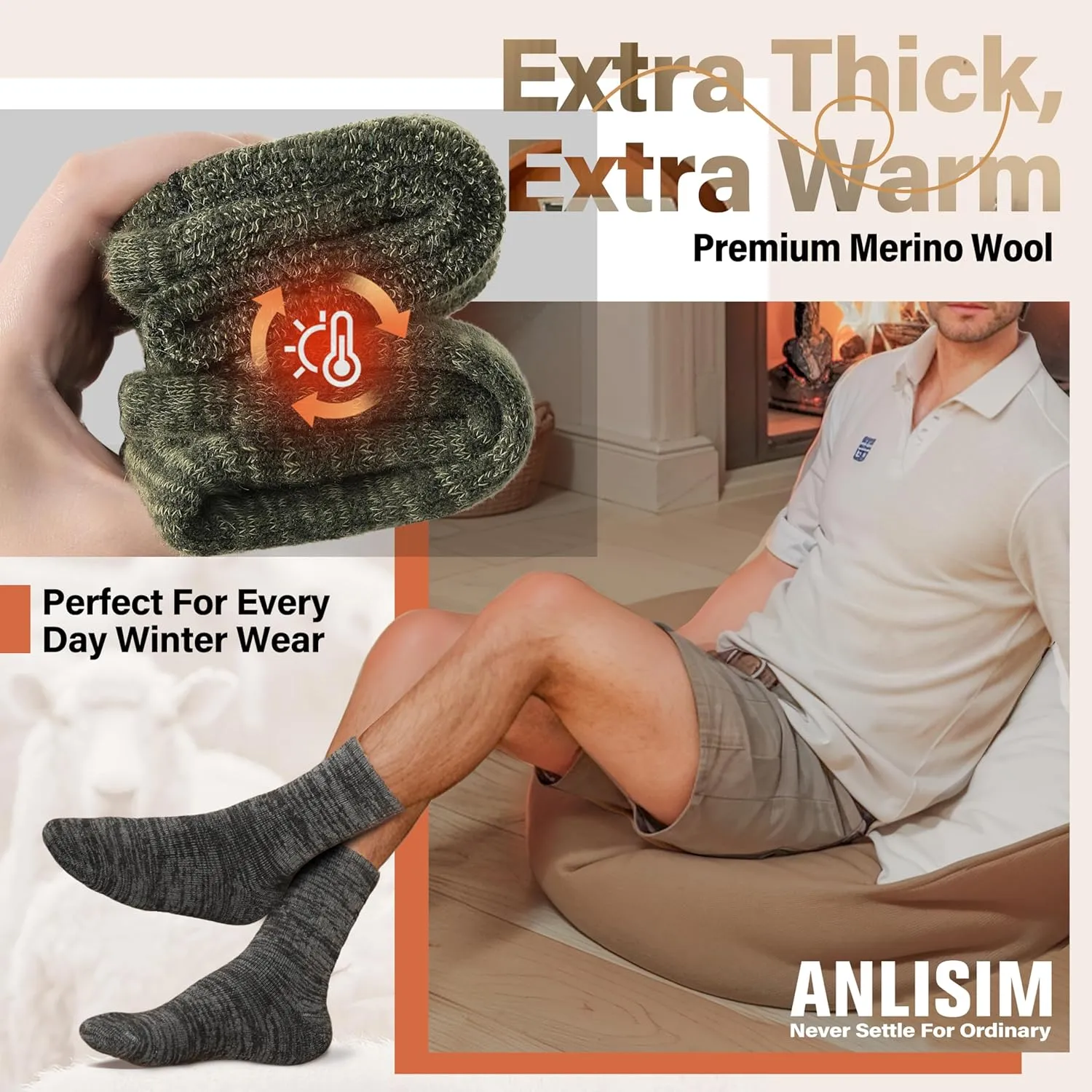 Anlisim Merino Wool Warm Boot Hiking Socks Thermal Extra Thick Winter Cozy Crew Comfy Cushioning Work Women Men Socks 4 Pairs