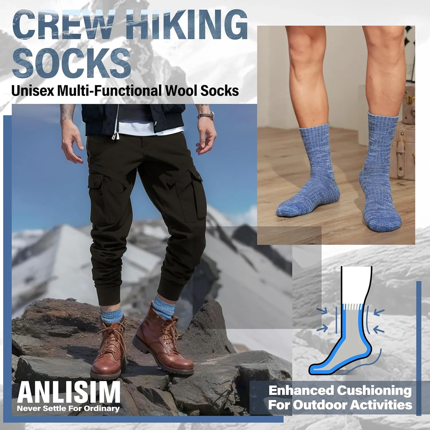 Anlisim Merino Wool Warm Boot Hiking Socks Thermal Extra Thick Winter Cozy Crew Comfy Cushioning Work Women Men Socks 4 Pairs
