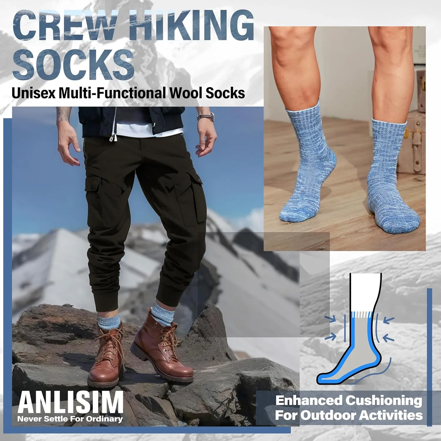 Anlisim Merino Wool Warm Boot Hiking Socks Thermal Extra Thick Winter Cozy Crew Comfy Cushioning Work Women Men Socks 4 Pairs
