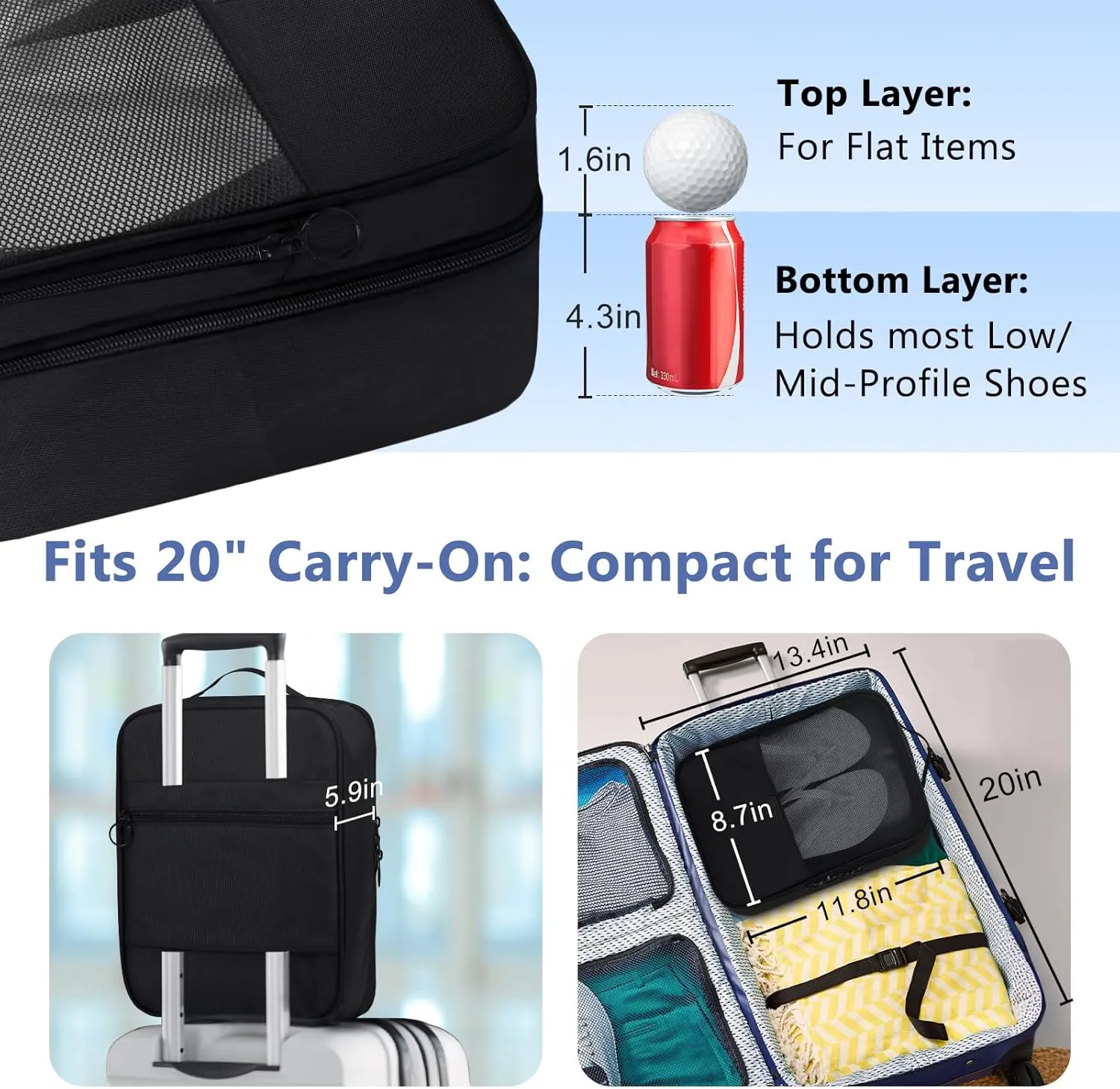 Aosbos 2 Layers Shoe Bags for Travel with Trolley Sleeve Portable Shoe Storage Pouch Shoe Packing Cubes with Structure, Black