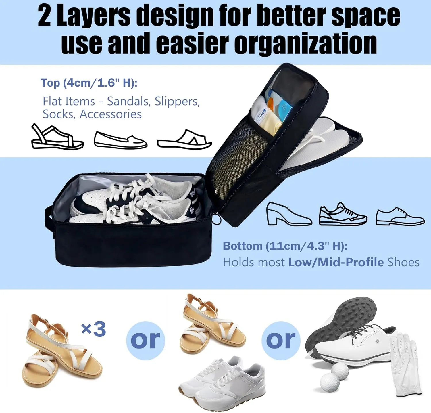 Aosbos 2 Layers Shoe Bags for Travel with Trolley Sleeve Portable Shoe Storage Pouch Shoe Packing Cubes with Structure, Black