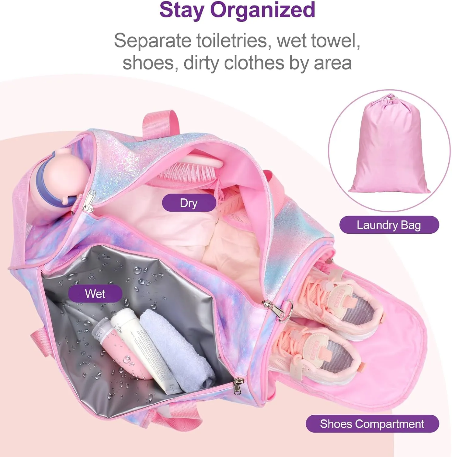 Bagseri Dance Bag for Girls - Ballet Duffle With Shoes Compartment for Kids Above 6yr, Overnight Travel Sleepover Bag With Dry Wet Separation Pockets
