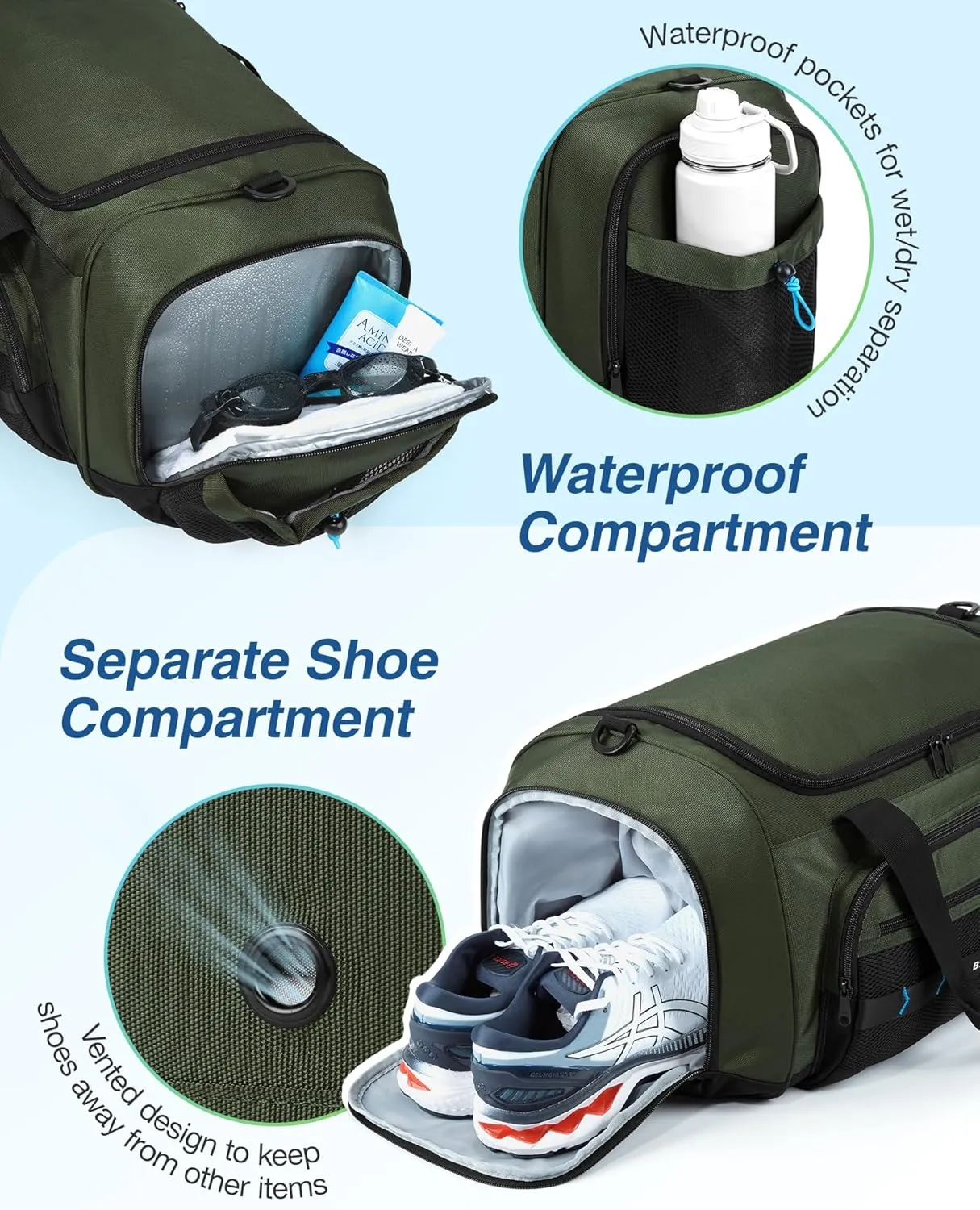 BAGSMART Gym Bag for Men & Women, Sports Travel Duffel Bag Carry-on Bag, Lightweight Weekend Overnight Bag with Shoe Compartment & Wet Pocket, Water-resistant Workout Duffle Bag for Travel Gym -Green