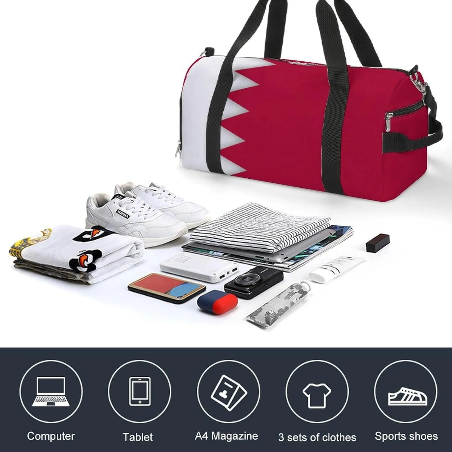 Bahrain Flag Travel Duffle for Men Women with Wet Pocket and Shoe Compartment