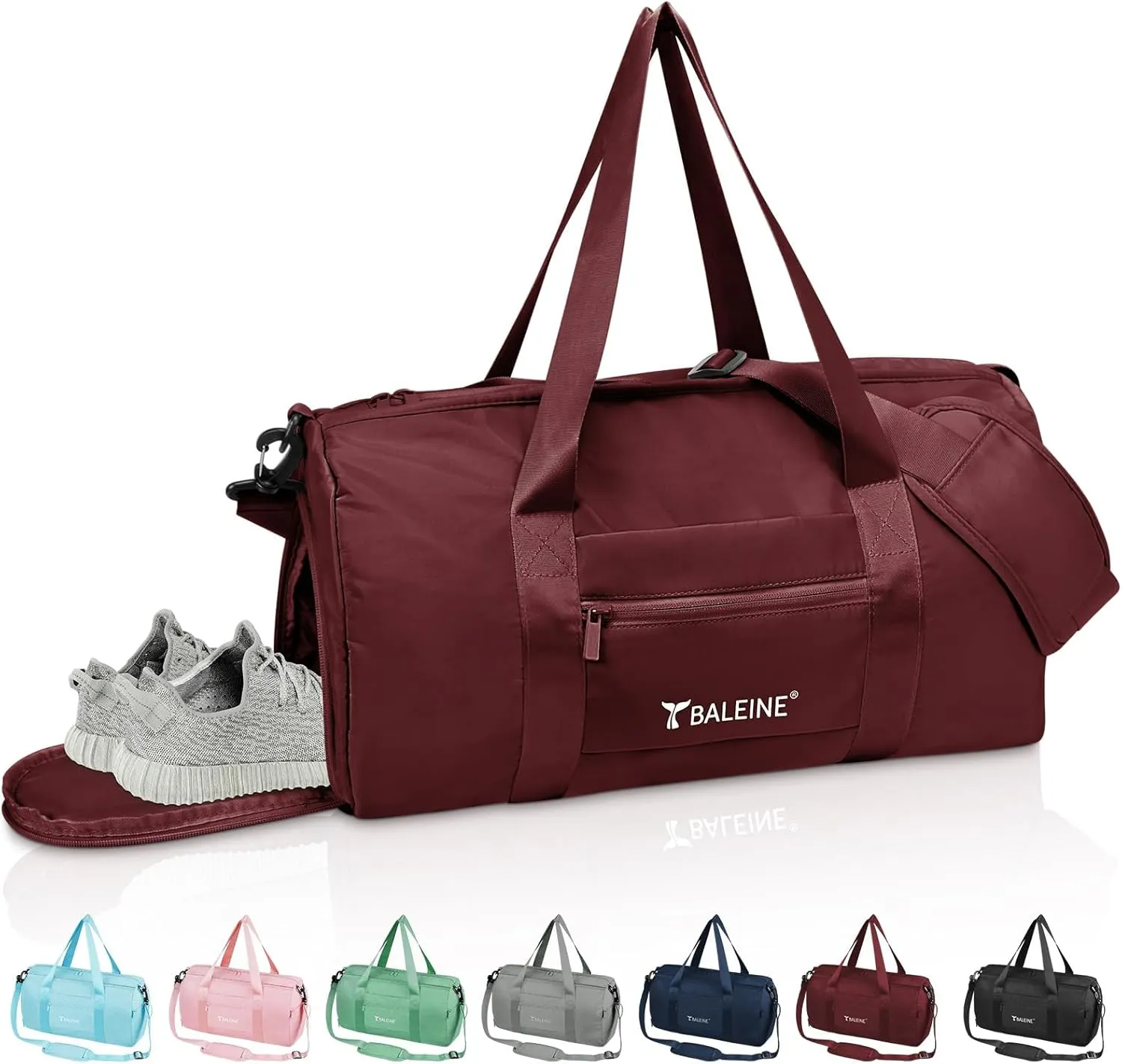 BALEINE Gym Bag for Women and Men, Small Duffel Bag for Sports, Gyms and Weekend Getaway, Waterproof Dufflebag with Shoe and Wet Clothes Compartments, Lightweight Carryon Gymbag (Red)