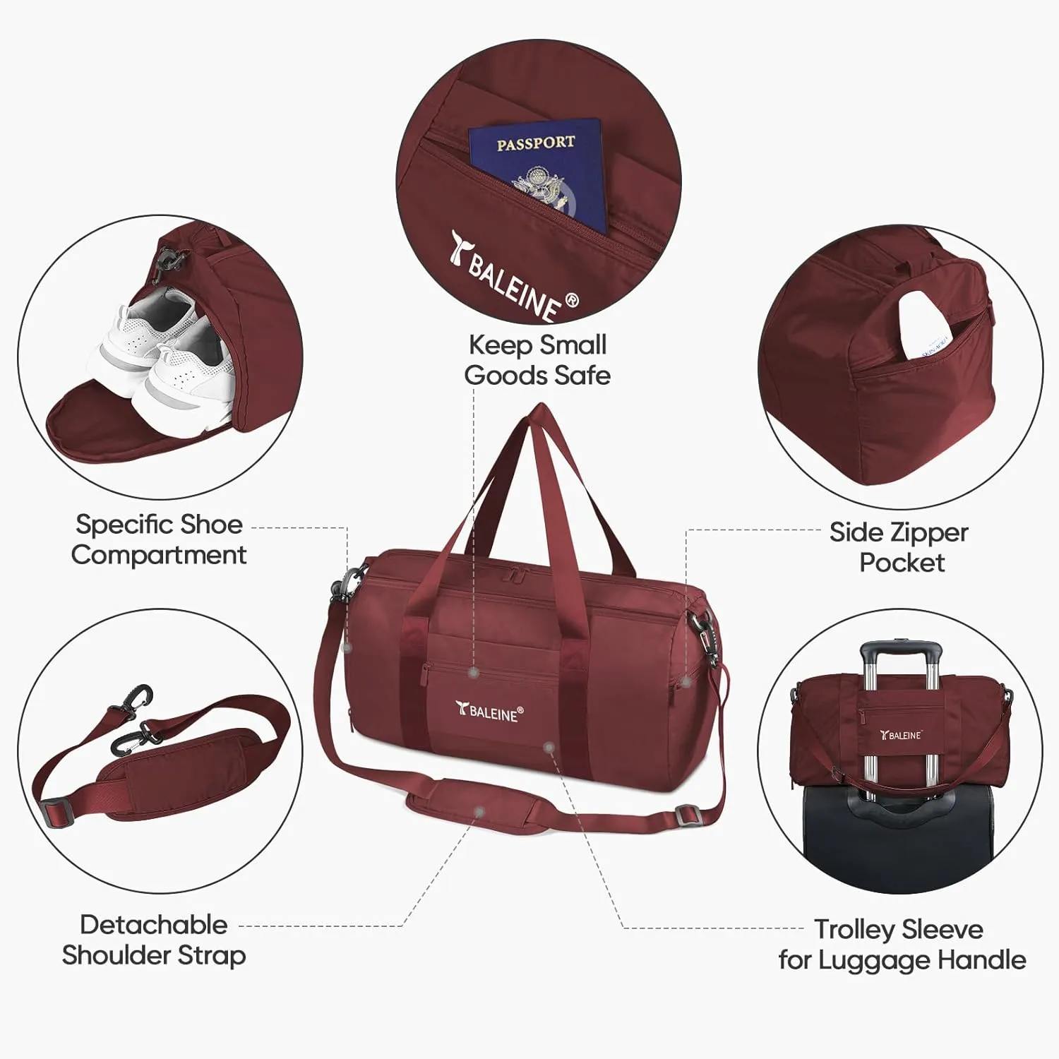 BALEINE Gym Bag for Women and Men, Small Duffel Bag for Sports, Gyms and Weekend Getaway, Waterproof Dufflebag with Shoe and Wet Clothes Compartments, Lightweight Carryon Gymbag (Red)
