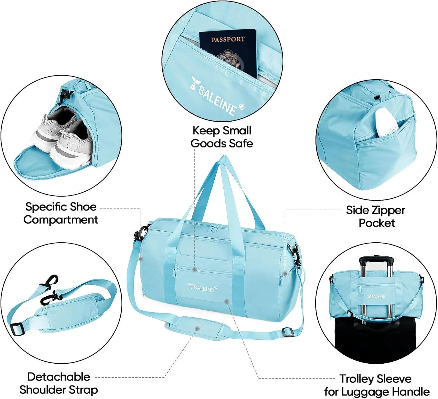 BALEINE Gym Duffel Bag for Women and Men, Small for Sports, Gyms and Weekend Getaway, Waterproof Dufflebag with Shoe and Wet Clothes Compartments, Lightweight Carryon Gymbag (Azure)