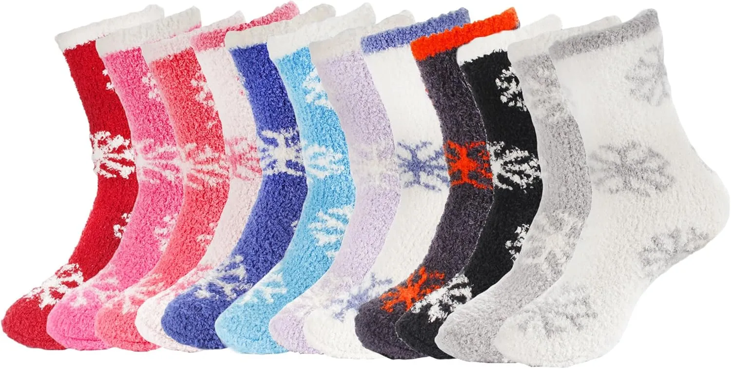 BambooMN 12 Pairs Assorted Super Soft Warm Microfiber Fuzzy Knobby Socks - Value Pack