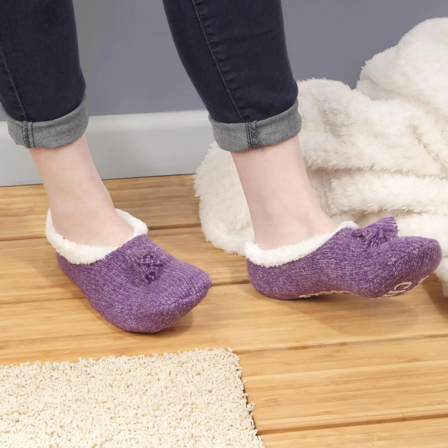 BambooMN Adult Women Soft Warm Cozy Fancy Yarn Slippers Non-Slip Lined Socks, Indoor Comfy House Travel Slippers
