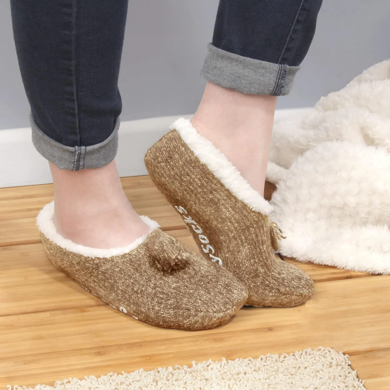 BambooMN Adult Women Super Soft Warm Cozy Fancy Yarn Slippers Non-Slip Lined Socks, Indoor Comfy House Slippers