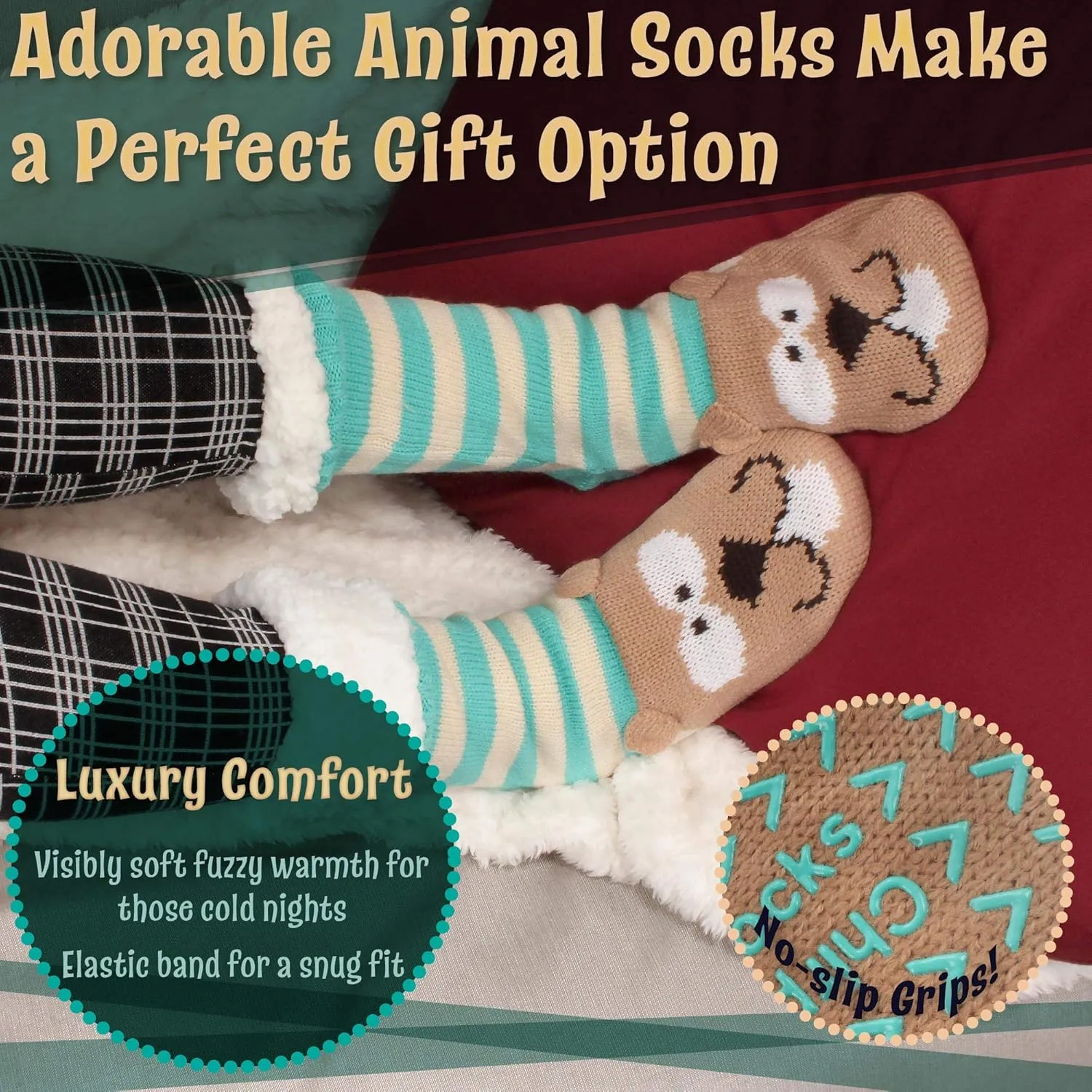 BambooMN Extra Thick Cozy Fuzzy Animal Thermal Cabin Plush Fleece-lined Knitted Crew Socks