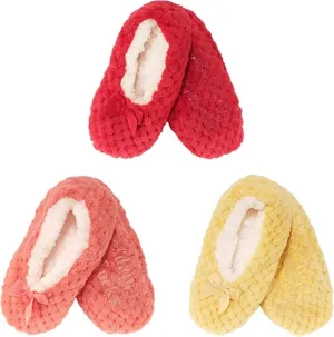 BambooMN Soft Touch Warm Cozy Fuzzy Non-Slip Lined Slip-On Slippers Socks for Adult Women, Indoor Travel House Slippers, 3 Pairs