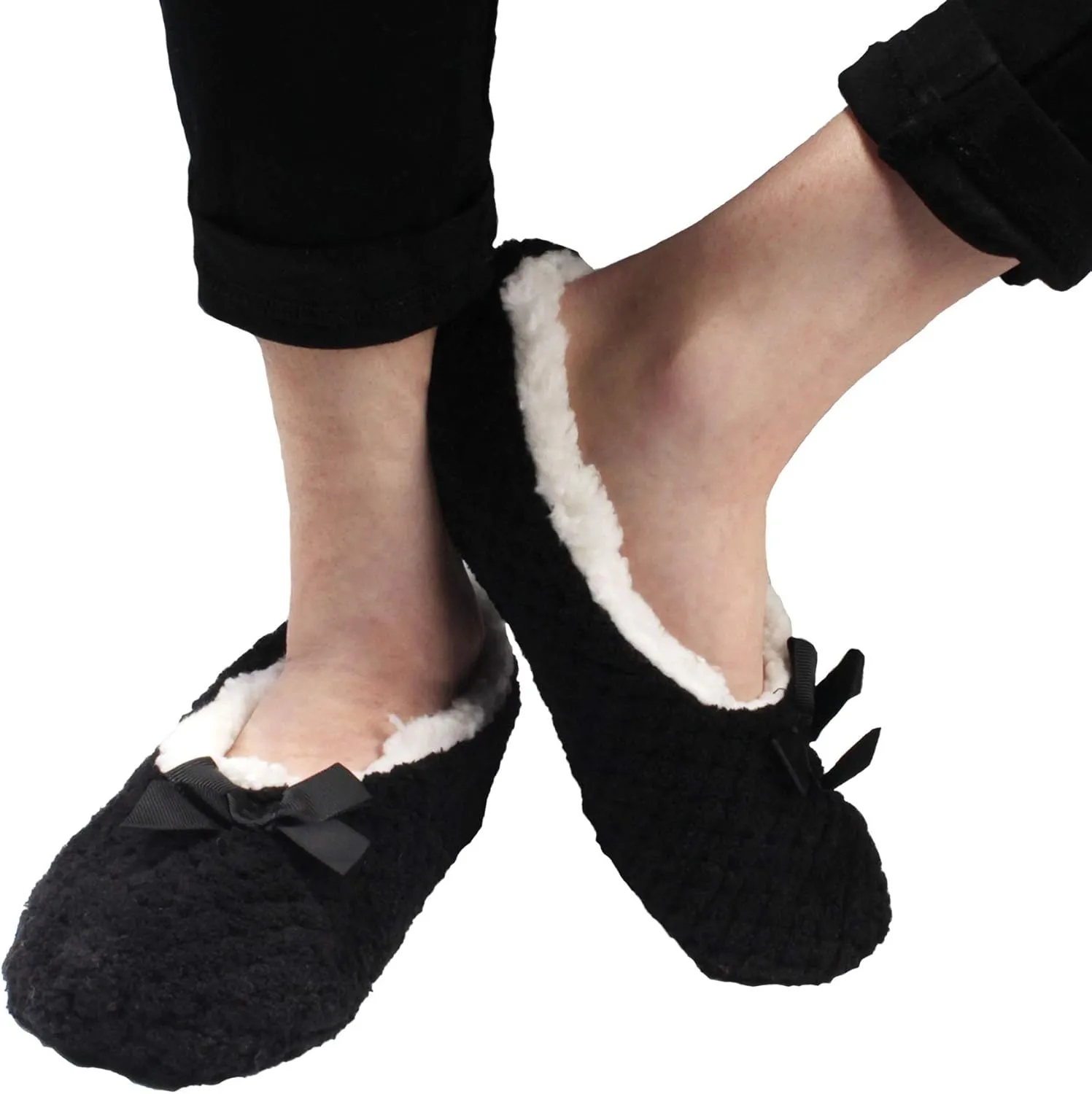 BambooMN Soft Touch Warm Cozy Fuzzy Non-Slip Lined Slip-On Slippers Socks for Adult Women, Indoor Travel House Slippers, 3 Pairs