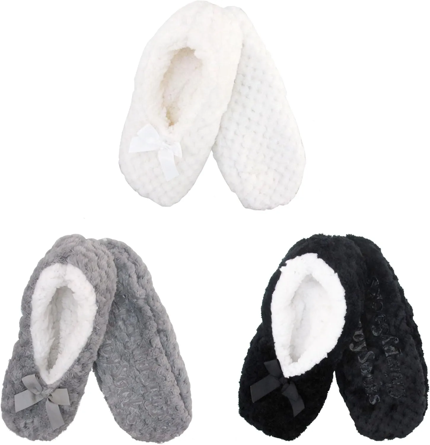BambooMN Soft Touch Warm Cozy Fuzzy Non-Slip Lined Slip-On Slippers Socks for Adult Women, Indoor Travel House Slippers, 3 Pairs