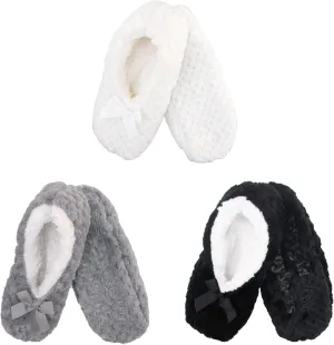 BambooMN Soft Touch Warm Cozy Fuzzy Non-Slip Lined Slip-On Slippers Socks for Adult Women, Indoor Travel House Slippers, 3 Pairs