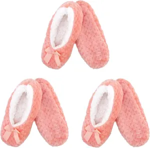 BambooMN Soft Touch Warm Cozy Fuzzy Non-Slip Lined Slip-On Slippers Socks for Adult Women, Indoor Travel House Slippers, 3 Pairs