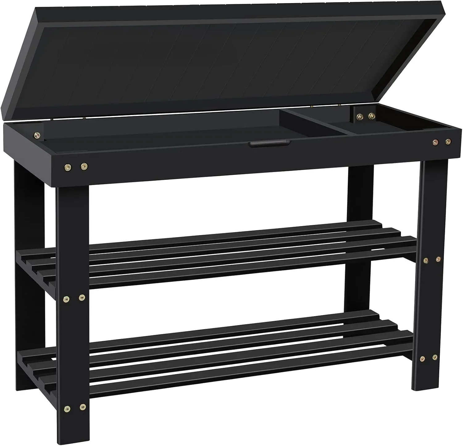 BAMBUROBA Shoe Rack Bench for Entryway,3-Tier Bamboo Small Bench with Storage Drawer,Shoe Shelf Organizer Indoor Outdoor Use,Black