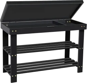 BAMBUROBA Shoe Rack Bench for Entryway,3-Tier Bamboo Small Bench with Storage Drawer,Shoe Shelf Organizer Indoor Outdoor Use,Black