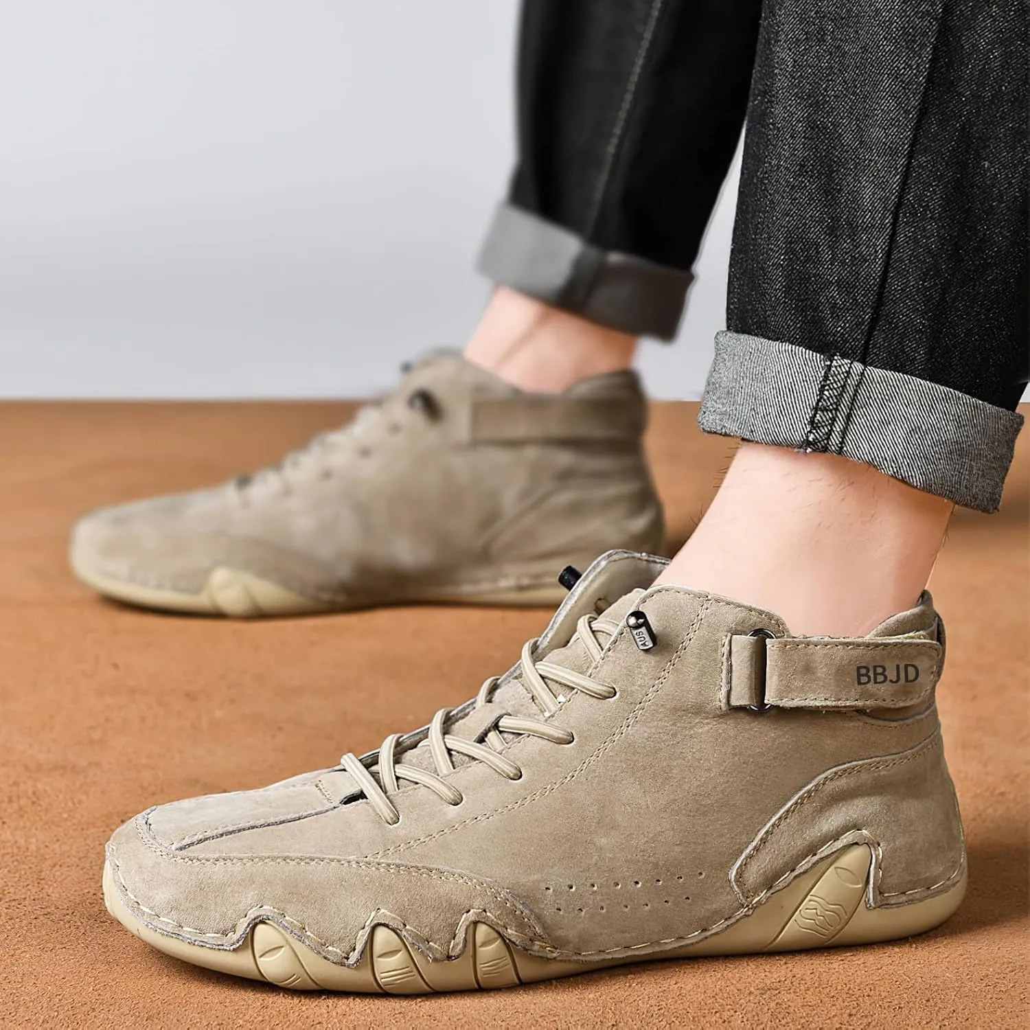 baobeijiadao Men's Beck Shoes Waterproof Non Slip High Top Chukka Boots Handmade Suede Caual Outdoor Sneakers