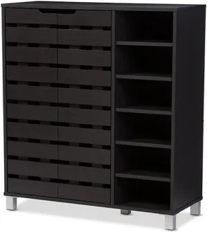 Baxton Studio Shirley Modern & Contemporary Wood 2-Door Shoe Cabinet with Open Shelves, Dark Brown