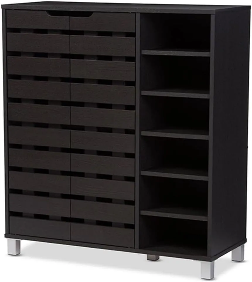 Baxton Studio Shirley Modern & Contemporary Wood 2-Door Shoe Cabinet with Open Shelves, Dark Brown