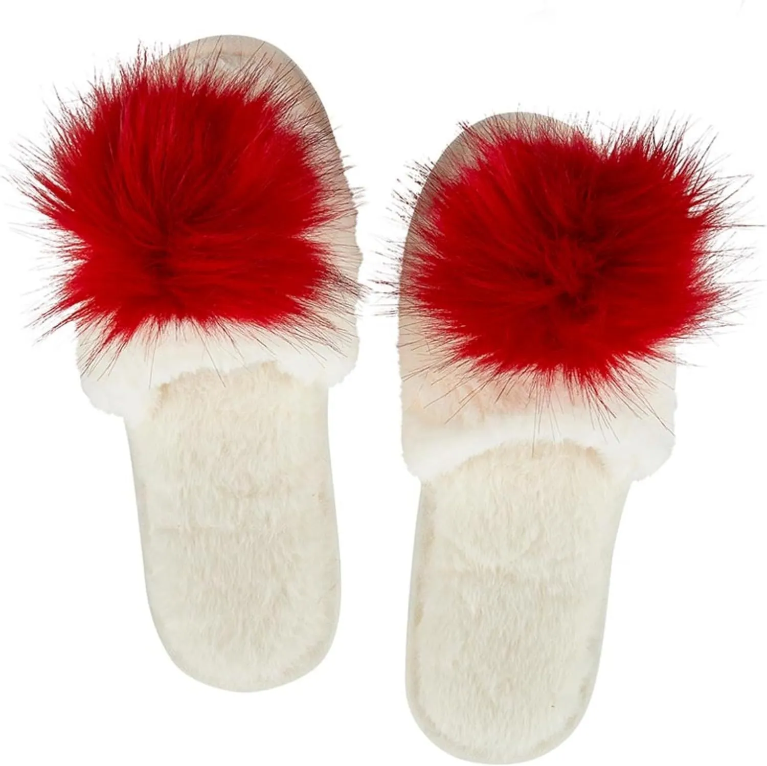 Bella Ultra Soft Plush Indoor House Slippers With Fuzzy Pom Pom, Plush Polyester Daisy White and Red, Medium (US 7-8)