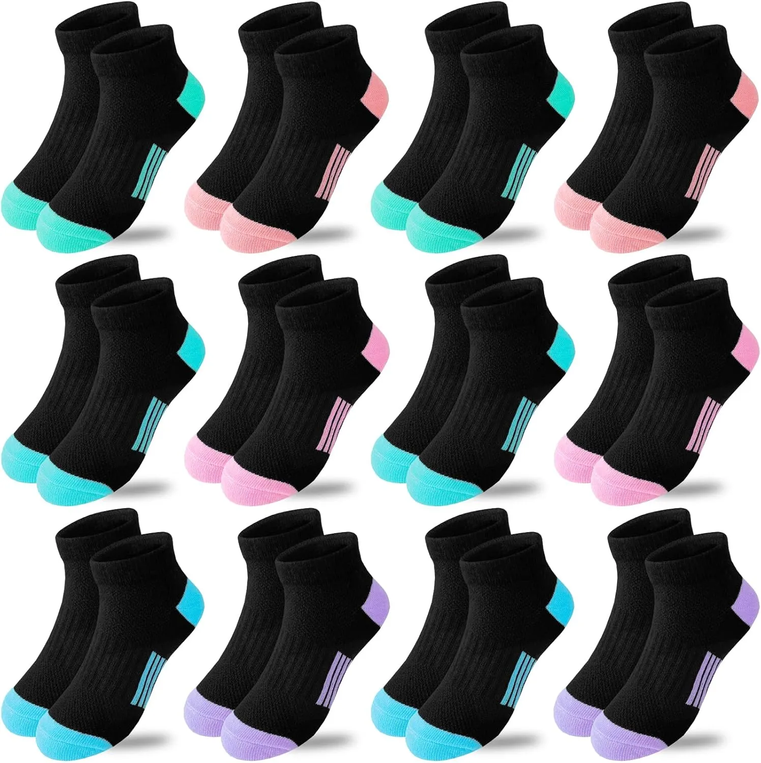 Bemeol Girls Socks 12 Pairs Ankle Athletic Socks Cotton Sports Sock For Little Big Kids