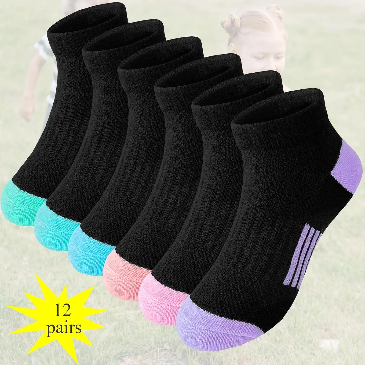Bemeol Girls Socks 12 Pairs Ankle Athletic Socks Cotton Sports Sock For Little Big Kids