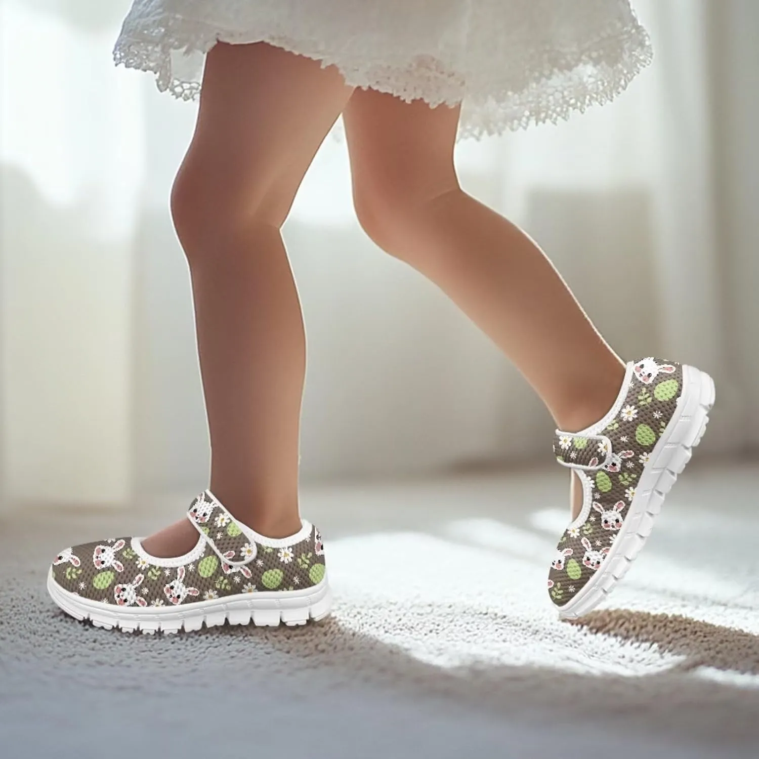 Binienty Fashion Mary Jane Sneakers for Girls Anti-Slip Holiday Christmas Easter Mesh Flat Sneaker School Shoes