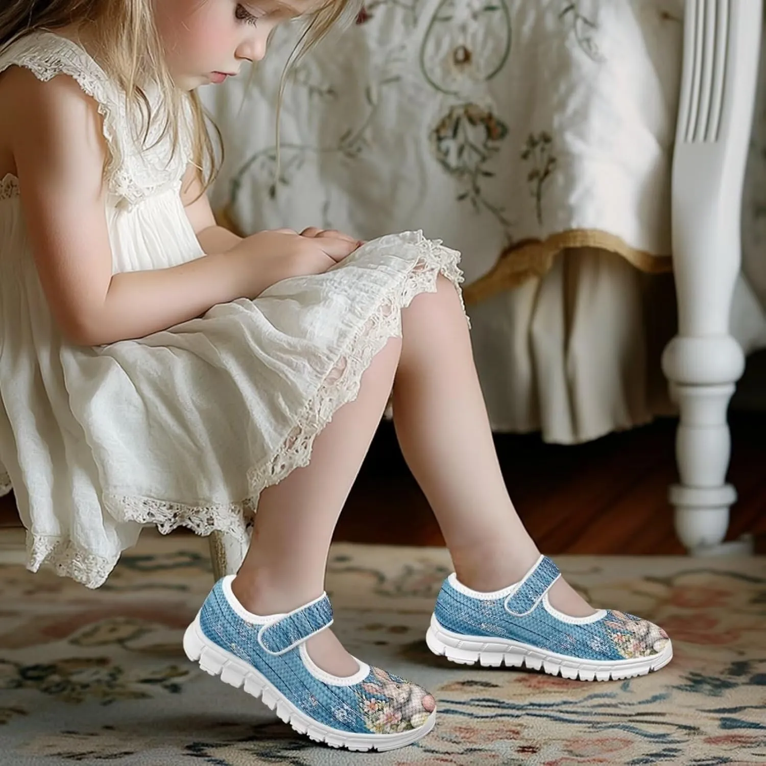 Binienty Fashion Mary Jane Sneakers for Girls Anti-Slip Holiday Christmas Easter Mesh Flat Sneaker School Shoes