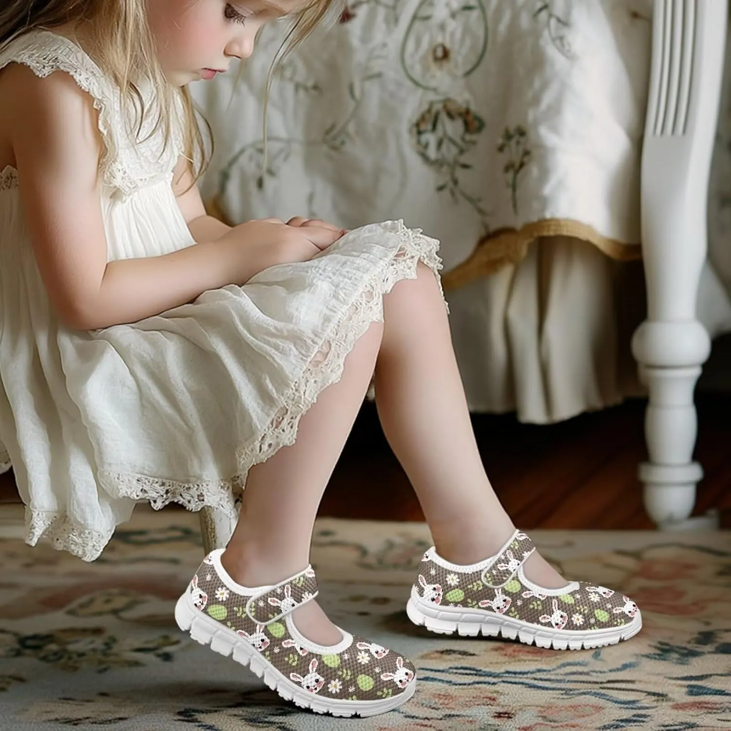 Binienty Fashion Mary Jane Sneakers for Girls Anti-Slip Holiday Christmas Easter Mesh Flat Sneaker School Shoes