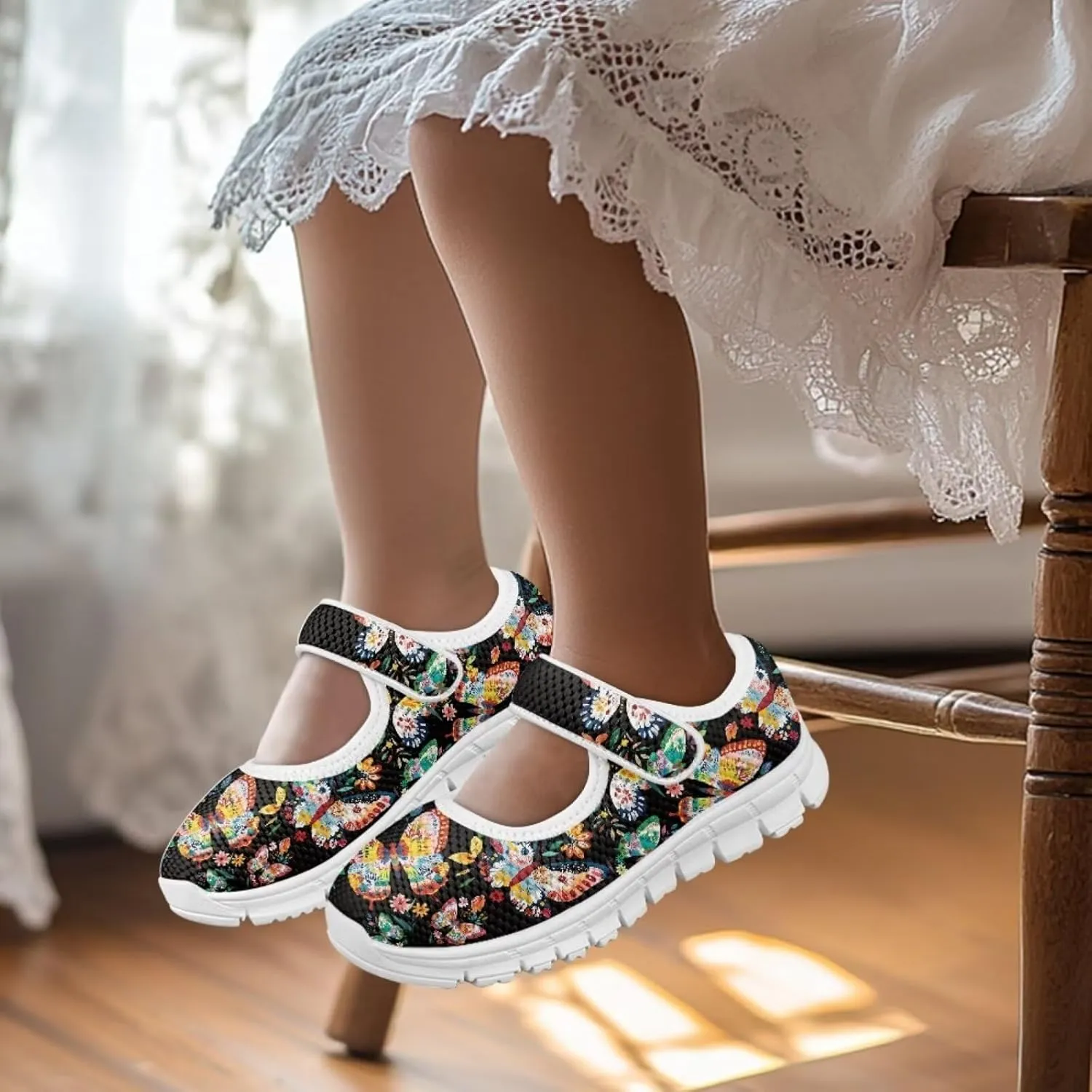 Binienty Girls Mary Jane Sneaker Casual Mesh Flat Shoes Memory Foam Slip on School Dress Shoes