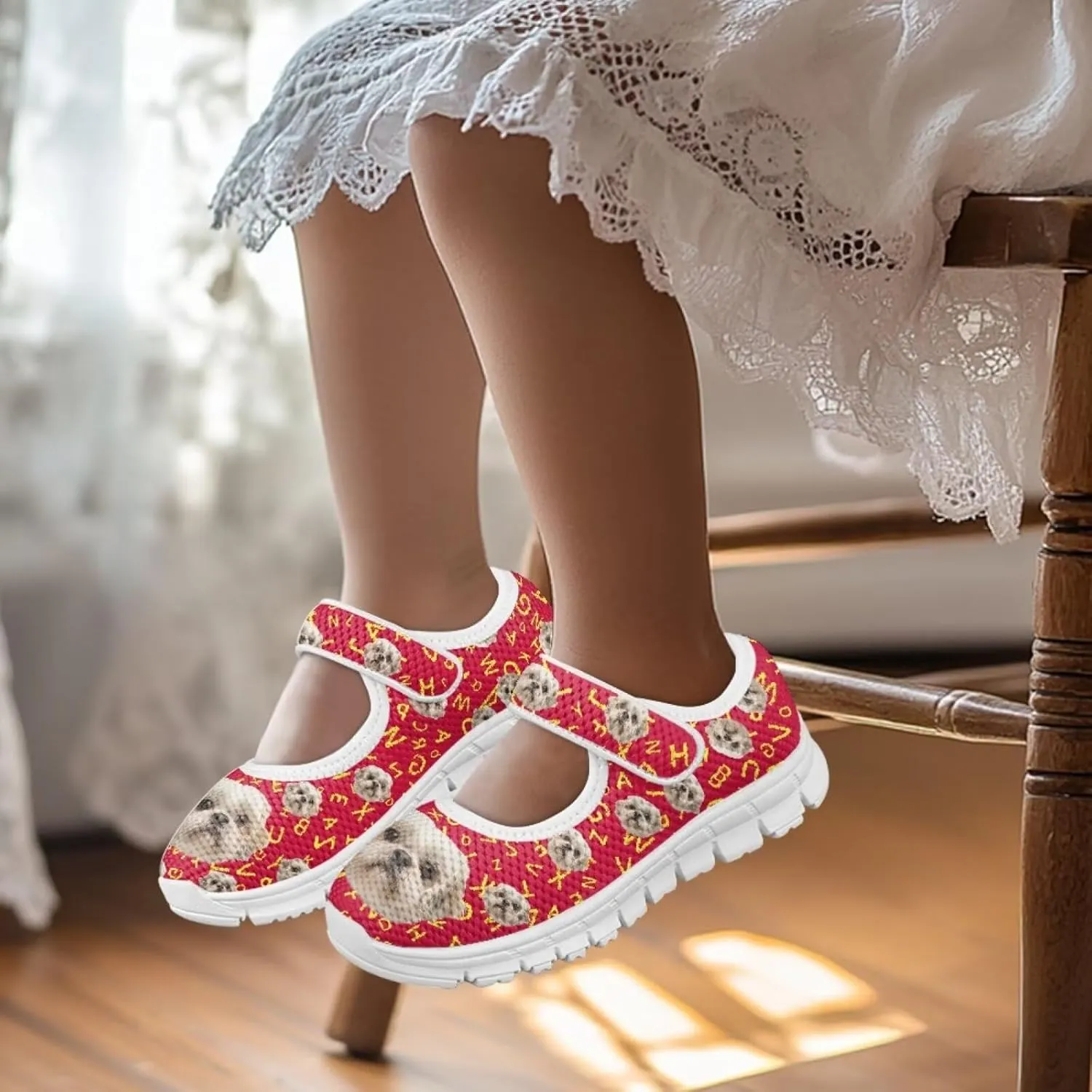 Binienty Kids Girls Mesh Mary Jane Sneakers Athletic Running Tennis Sport Shoes