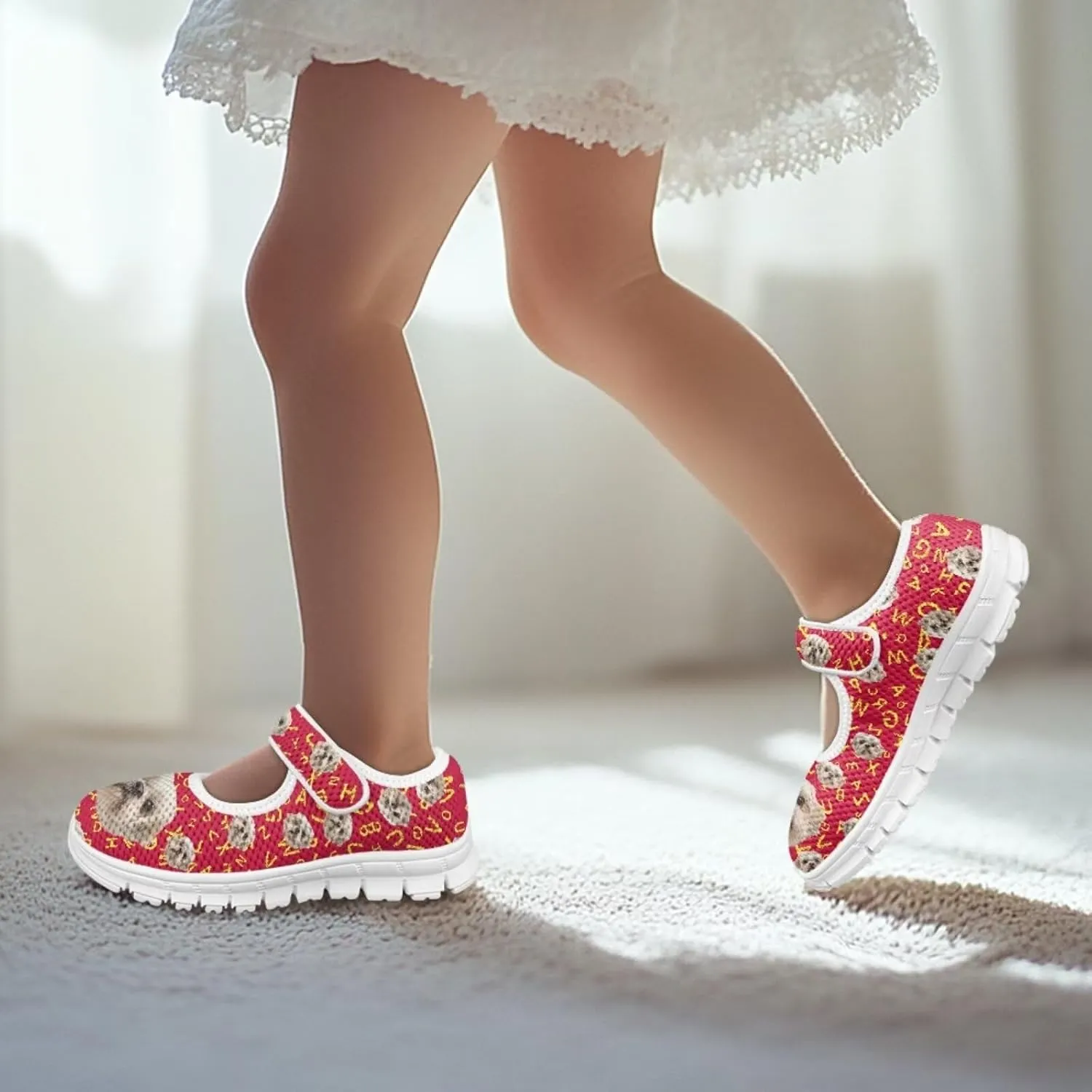 Binienty Kids Girls Mesh Mary Jane Sneakers Athletic Running Tennis Sport Shoes
