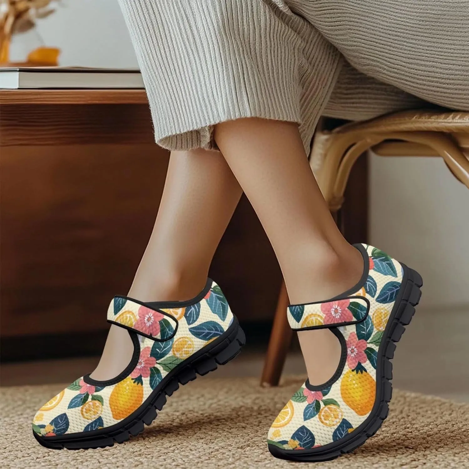 Binienty Women's Flats Mesh Mary Jane Shoes Round Toe Buckle Strap Tennis Walking Shoes Beach Travel Footwear