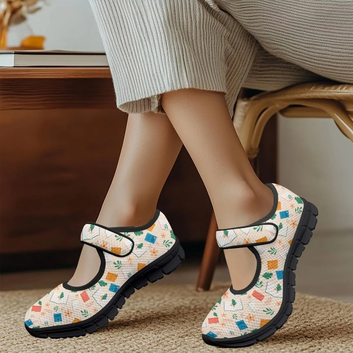 Binienty Womens Mary Jane Shoes Slip On Loafers with Adjust Hook and Loop Breathable Mesh Walking Sneakers