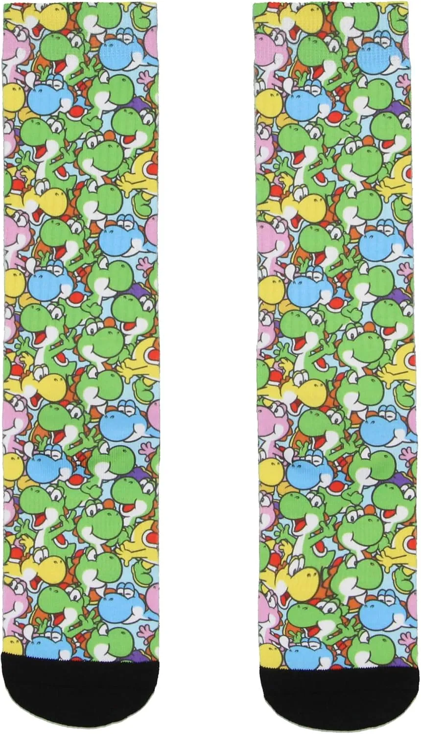 Bioworld Nintendo Super Mario Video Game Men's Yoshi Dino Sublimated Adult Crew Socks