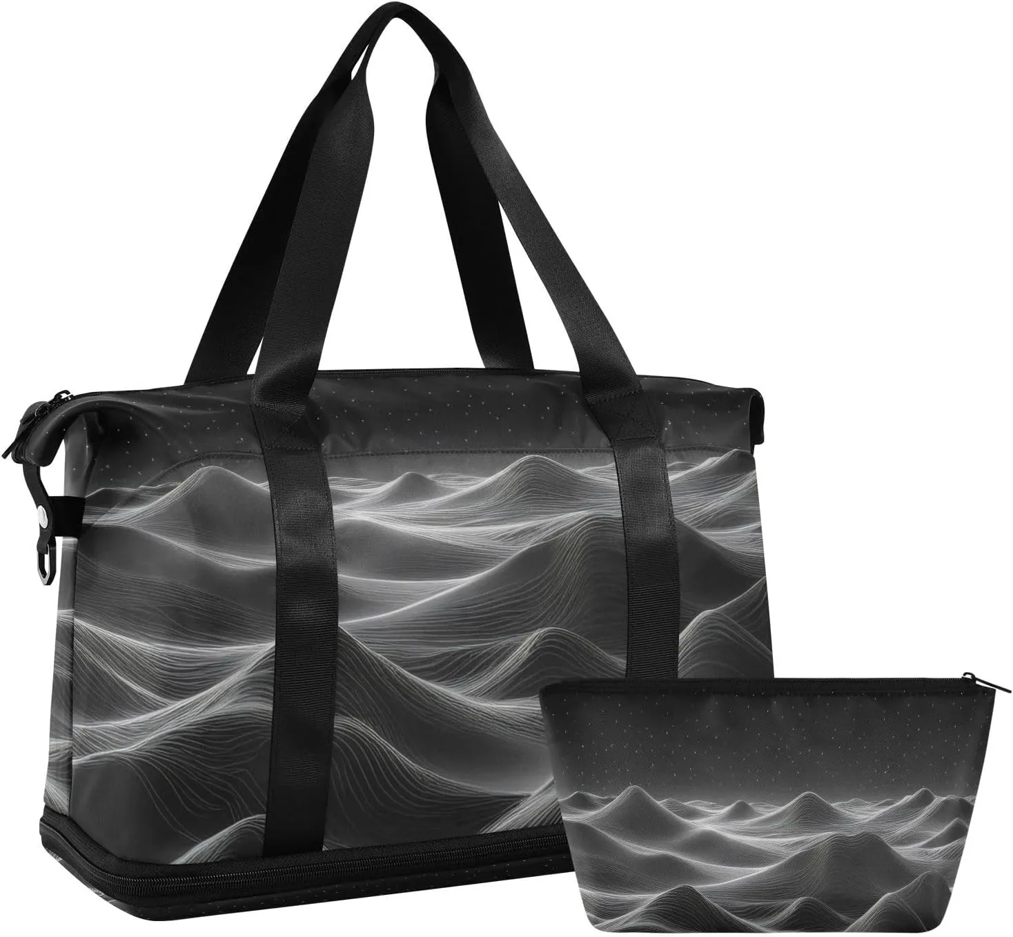 Black 3d Topographic Contour Gym Bag for Women Sport Travel Duffel Bag Shoulder Weekender Overnight Bags with Wet Pocket & Shoe Compartment