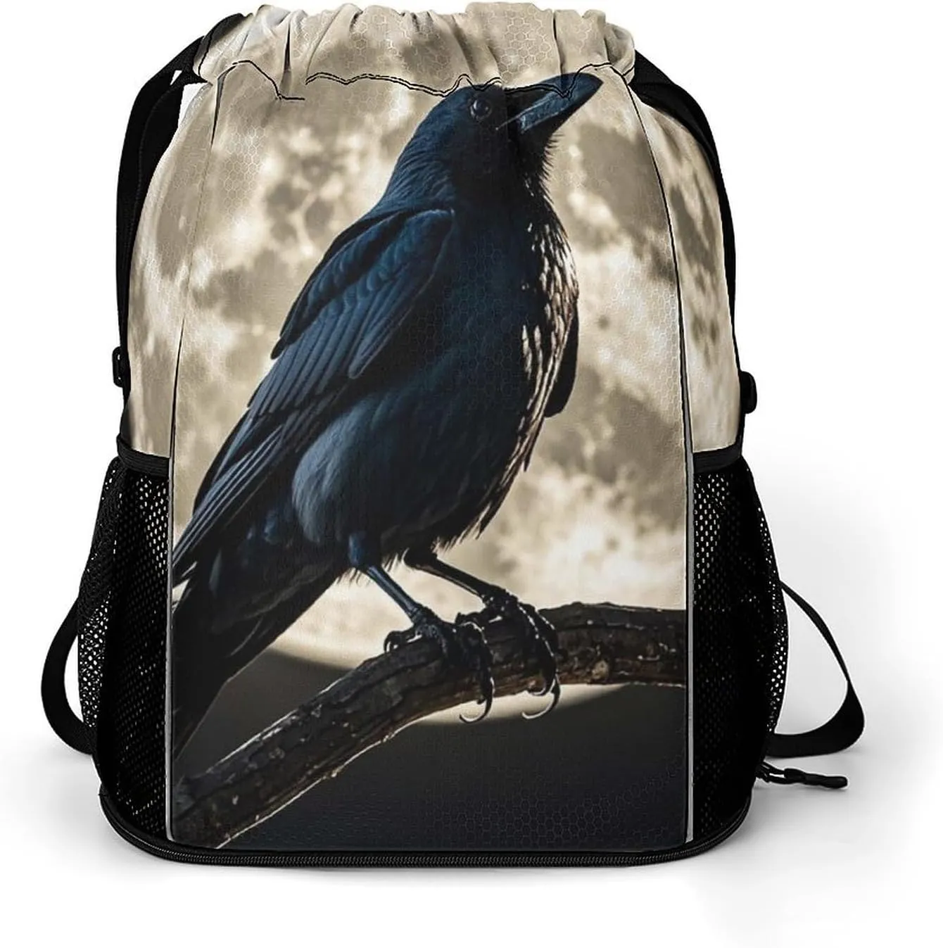 Black Crow on Full Moon Drawstring Backpack Bags Gym Backpack with Shoe Compartment for Women Men Cinch Sack Sports Backpack with Mesh Pockets