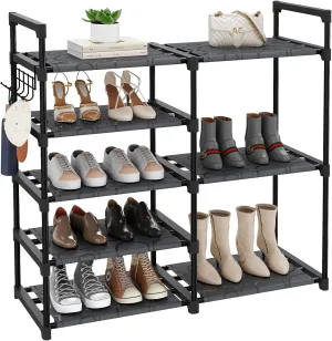 Black Metal Tubes Closet Shoe Rack, 5-Tier Oxford Fabric Shelf, Easy Assembly, Sturdy and Durable, Holds Up to 30 lbs