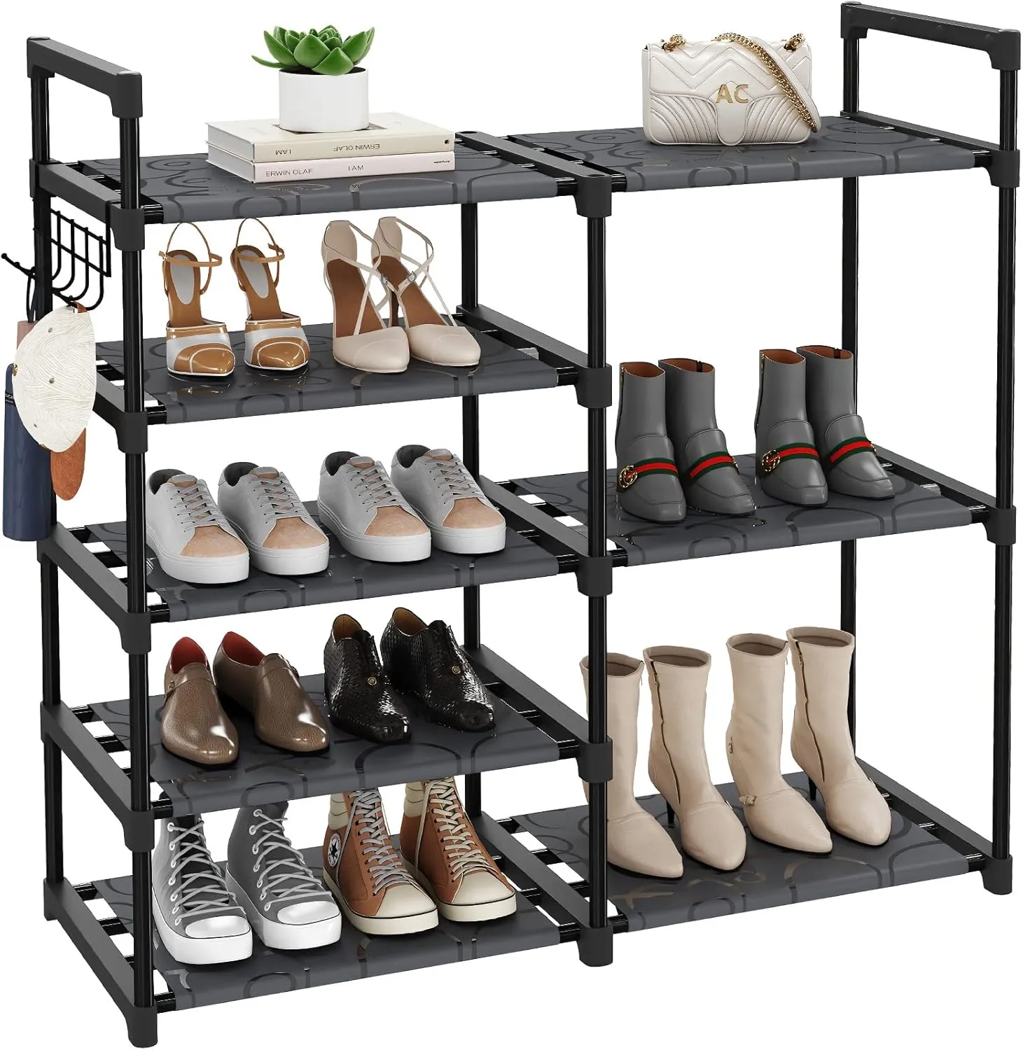 Black Metal Tubes Closet Shoe Rack, 5-Tier Oxford Fabric Shelf, Easy Assembly, Sturdy and Durable, Holds Up to 30 lbs