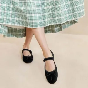 Black Women Bowknots Ankle Strap Mary Janes Round Toe Ballet Flats Shoes
