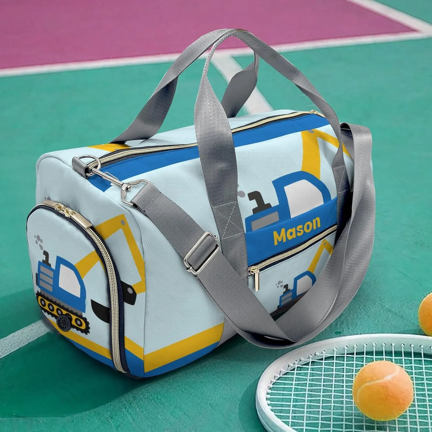 Blue Dig Truck Yellow Personalized Duffel Bag,Custom Travel Gym Bag with Name,Waterproof Sports Overnight Bag with Shoe Compartment & Shoulder Strap