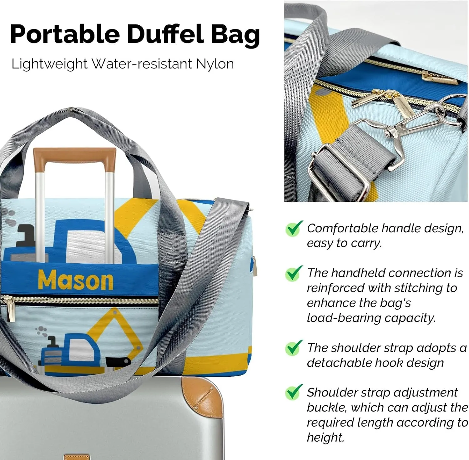 Blue Dig Truck Yellow Personalized Duffel Bag,Custom Travel Gym Bag with Name,Waterproof Sports Overnight Bag with Shoe Compartment & Shoulder Strap