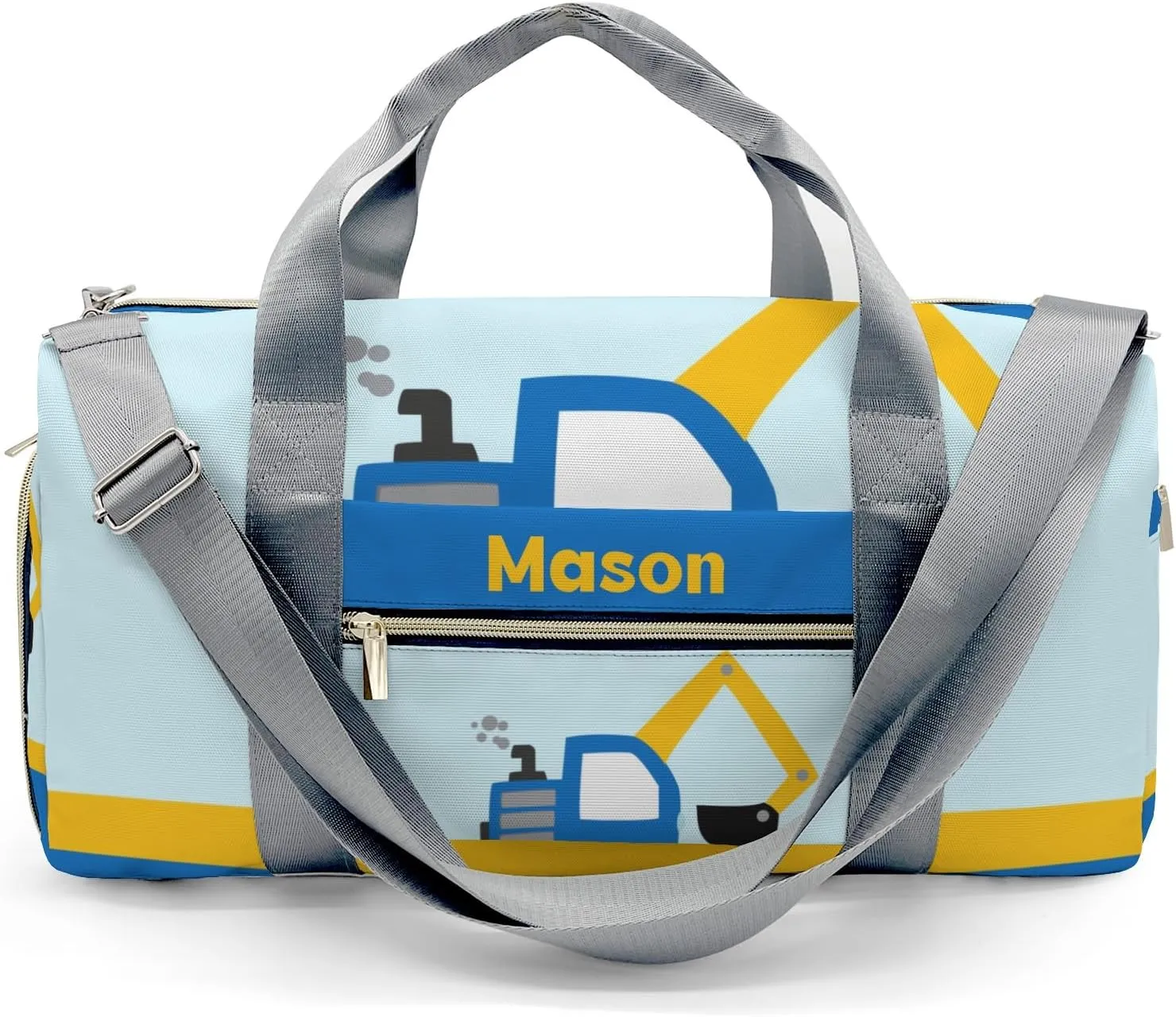 Blue Dig Truck Yellow Personalized Duffel Bag,Custom Travel Gym Bag with Name,Waterproof Sports Overnight Bag with Shoe Compartment & Shoulder Strap