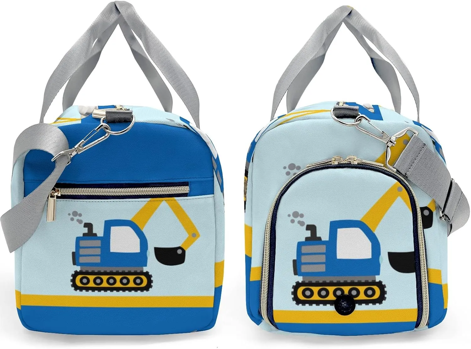 Blue Dig Truck Yellow Personalized Duffel Bag,Custom Travel Gym Bag with Name,Waterproof Sports Overnight Bag with Shoe Compartment & Shoulder Strap