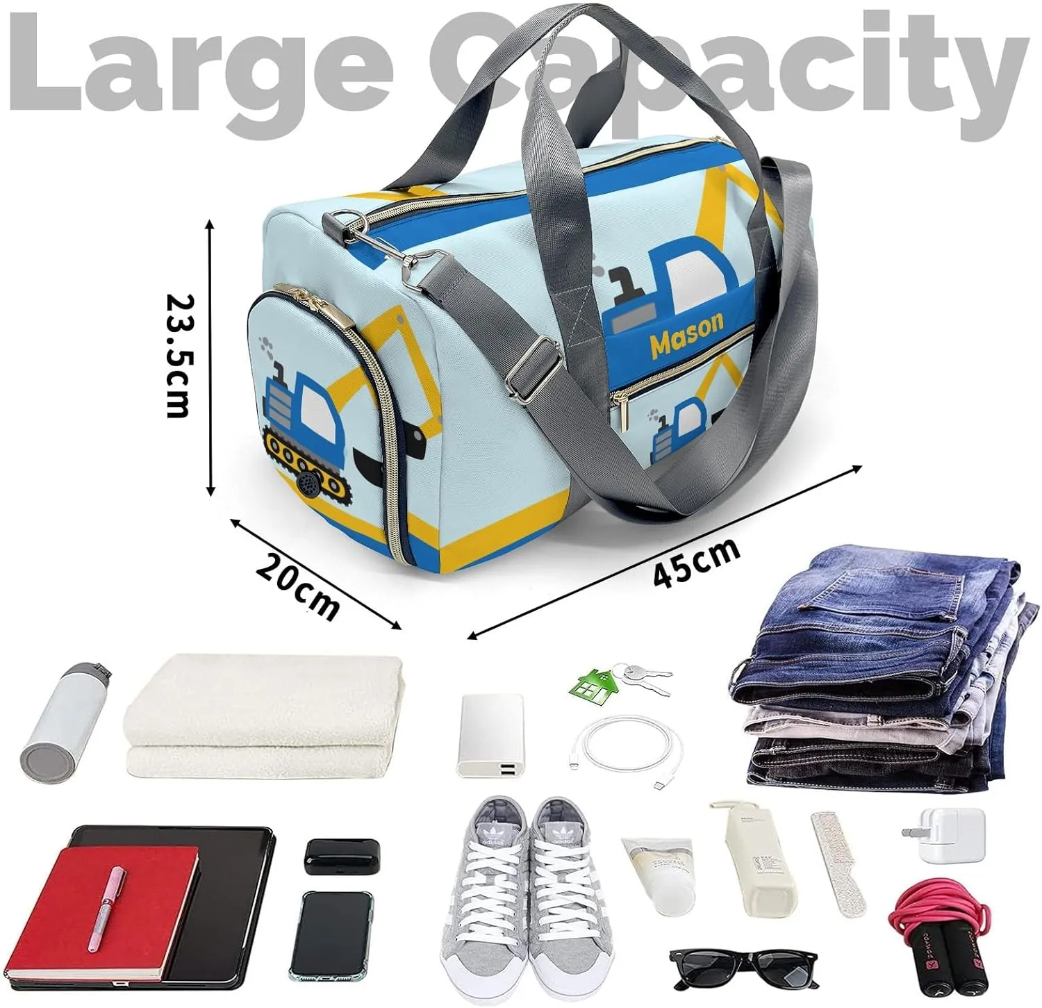 Blue Dig Truck Yellow Personalized Duffel Bag,Custom Travel Gym Bag with Name,Waterproof Sports Overnight Bag with Shoe Compartment & Shoulder Strap