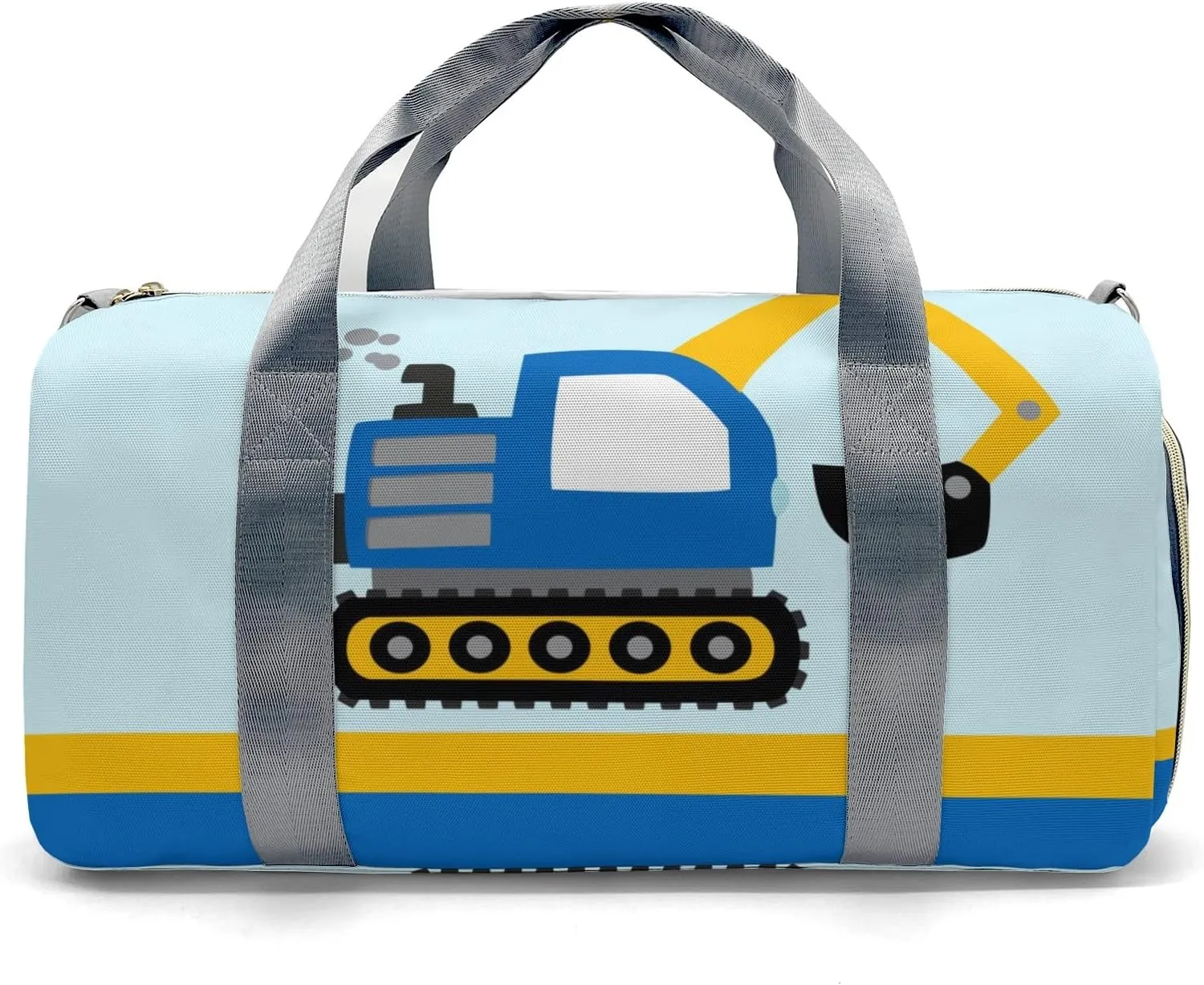 Blue Dig Truck Yellow Personalized Duffel Bag,Custom Travel Gym Bag with Name,Waterproof Sports Overnight Bag with Shoe Compartment & Shoulder Strap
