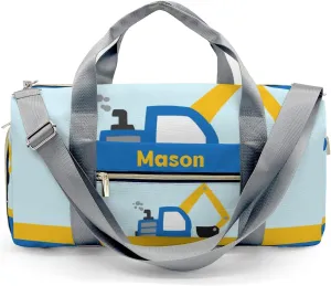 Blue Dig Truck Yellow Personalized Duffel Bag,Custom Travel Gym Bag with Name,Waterproof Sports Overnight Bag with Shoe Compartment & Shoulder Strap